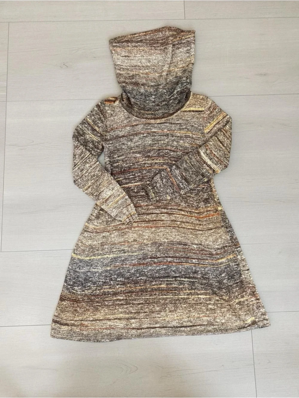 Max Studio Cowl Neck Brown Tan Space Dye Knit Long Sleeve Sweater Dress